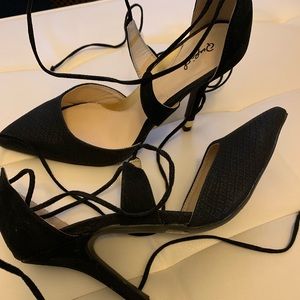 Qupid Faux Croc and Suede Lace Up Heels